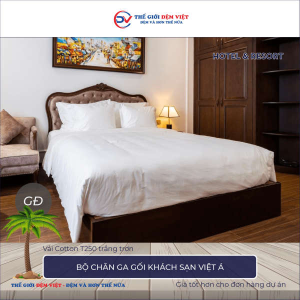 Bộ chăn ga gối khách sạn Việt Á vải Cotton T250 màu trắng trơn 5-3